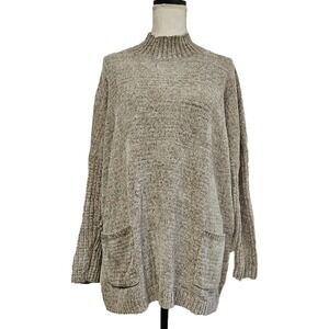 J. Jill Chenille Gray & Tan Marled Knit Turtleneck Pocket Sweater Size L